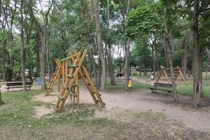 Urządzenia zabawowe na placu zabaw przy ul. Bączkowskiego, w tle drzewa i krzewy – stan obecny (photo)