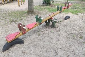 Urządzenia zabawowe na placu zabaw przy ul. Bączkowskiego, w tle drzewa i krzewy – stan obecny (photo)