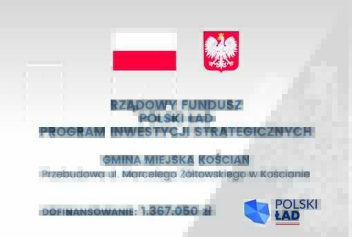 Flaga i godło RP wraz z logo programu Polski Ład i opisem inwestycji 